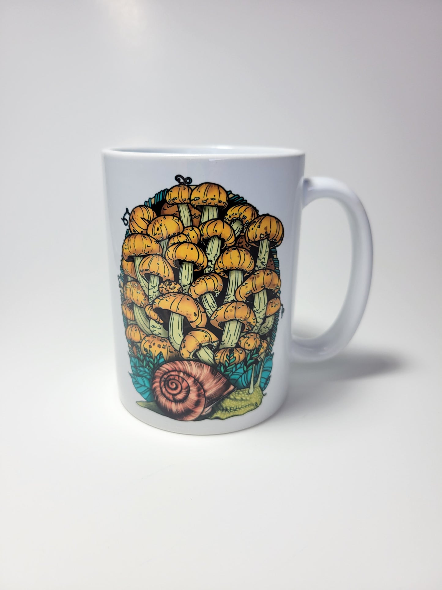 Land Snail and Chestnut Mushrooms Coffee Mug | Cottagecore Artwork on Ceramic Cup | 11oz/15oz Sizes