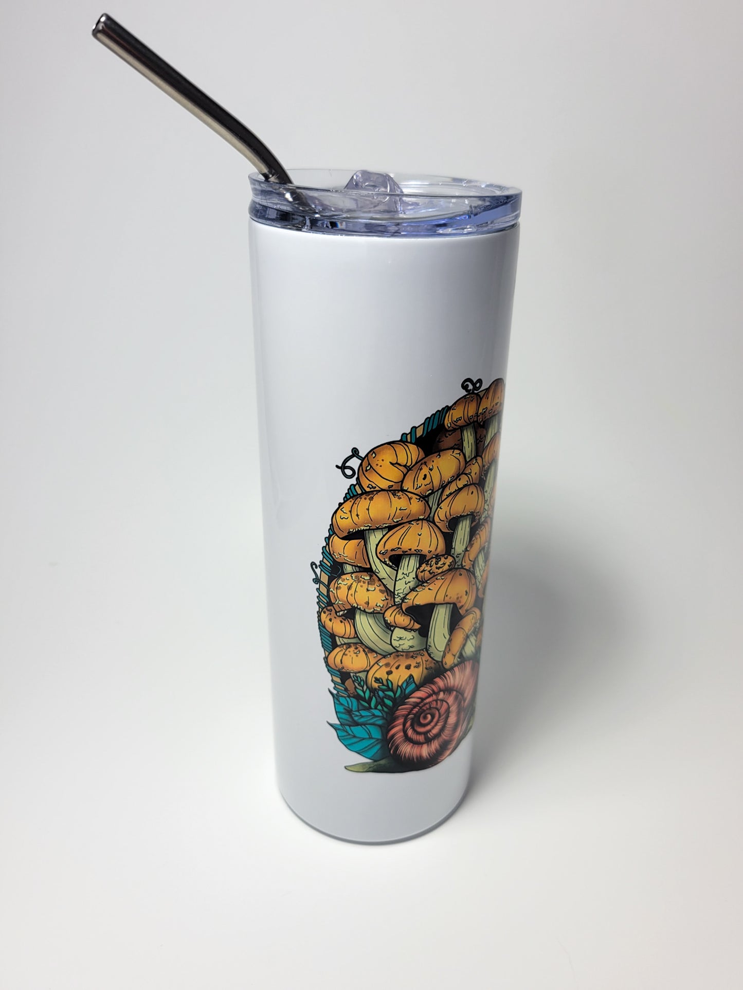 Land Snail and Chestnut Mushrooms | 20oz Stainless Steel Skinny Tumbler | Cottagecore Mushroom Artwork
