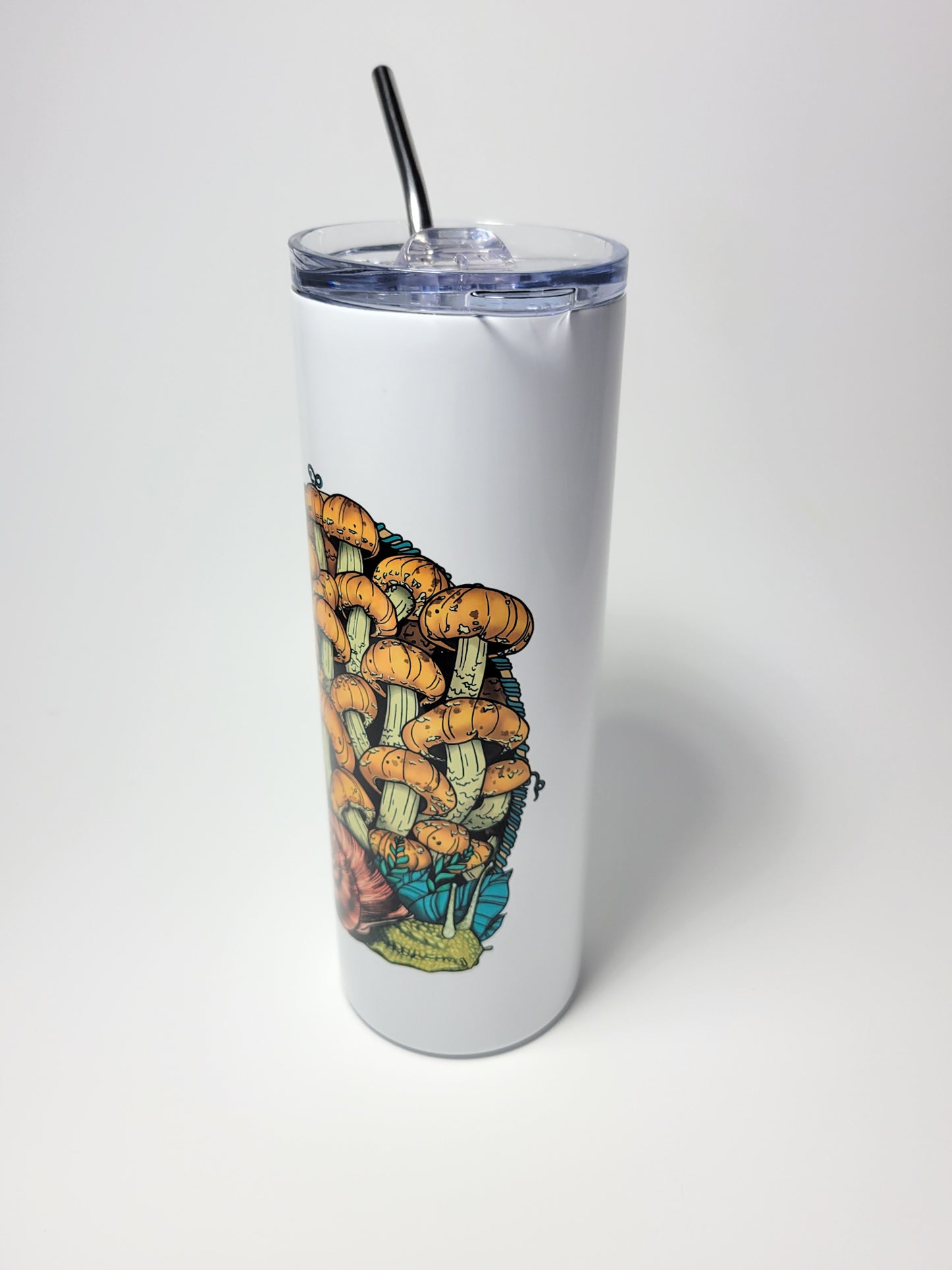 Land Snail and Chestnut Mushrooms | 20oz Stainless Steel Skinny Tumbler | Cottagecore Mushroom Artwork