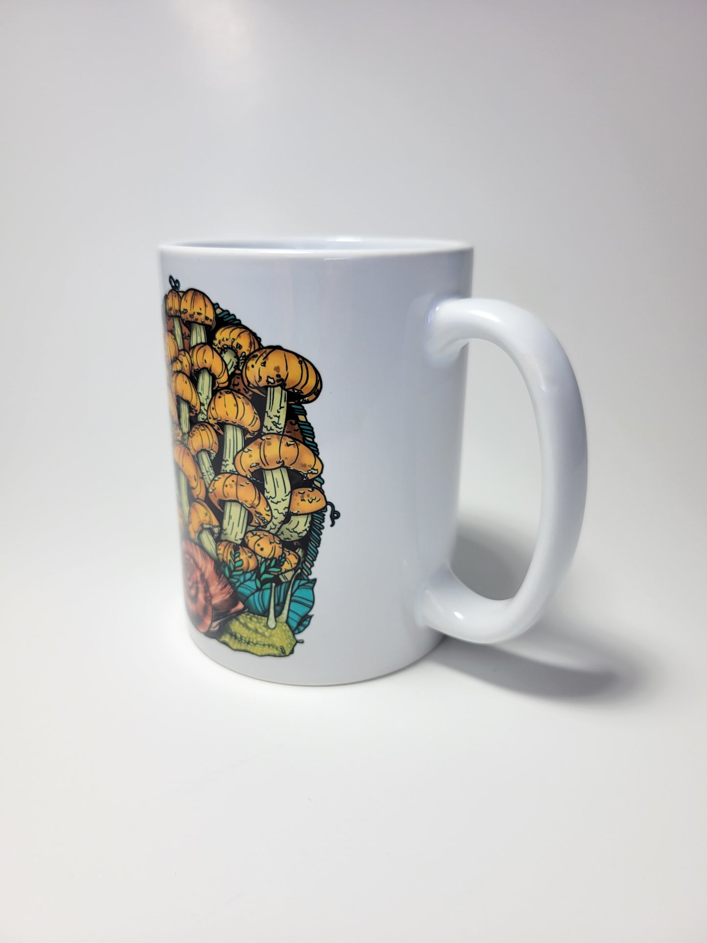 Land Snail and Chestnut Mushrooms Coffee Mug | Cottagecore Artwork on Ceramic Cup | 11oz/15oz Sizes