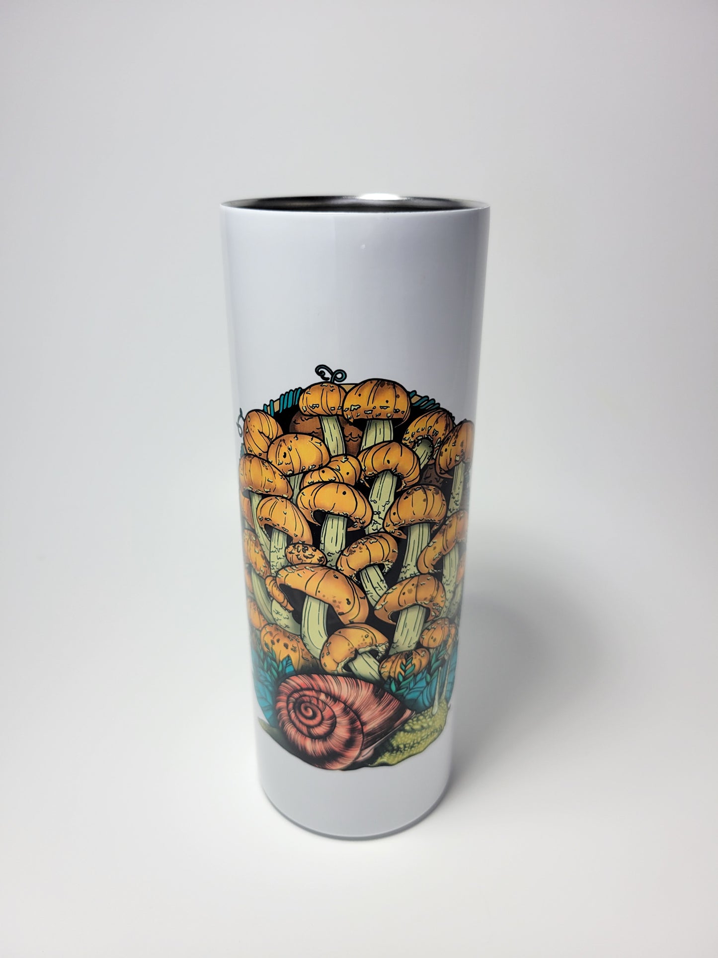 Land Snail and Chestnut Mushrooms | 20oz Stainless Steel Skinny Tumbler | Cottagecore Mushroom Artwork