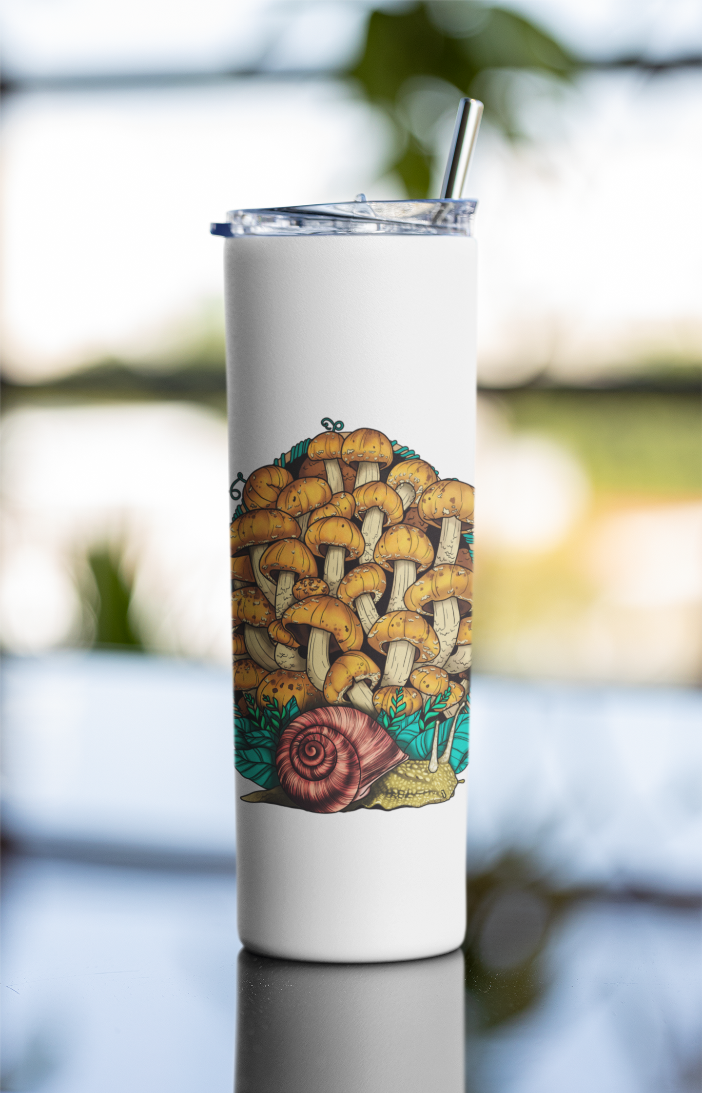 Land Snail and Chestnut Mushrooms | 20oz Stainless Steel Skinny Tumbler | Cottagecore Mushroom Artwork