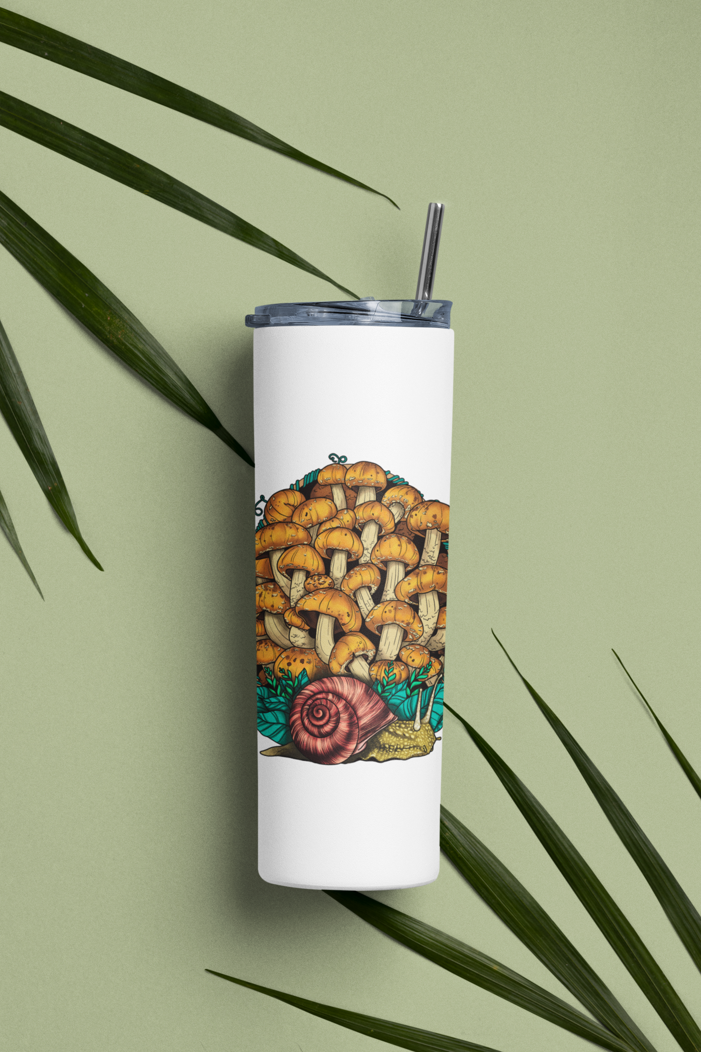 Land Snail and Chestnut Mushrooms | 20oz Stainless Steel Skinny Tumbler | Cottagecore Mushroom Artwork