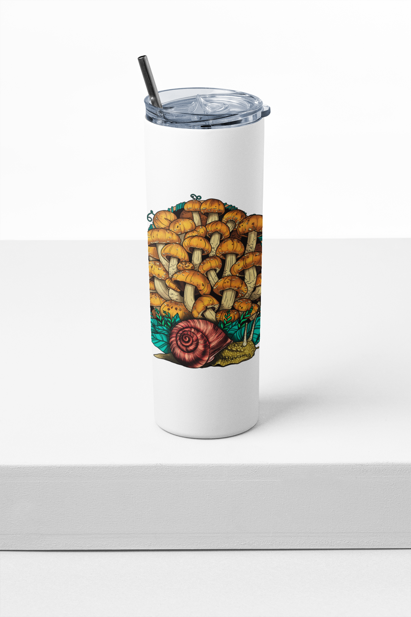 Land Snail and Chestnut Mushrooms | 20oz Stainless Steel Skinny Tumbler | Cottagecore Mushroom Artwork