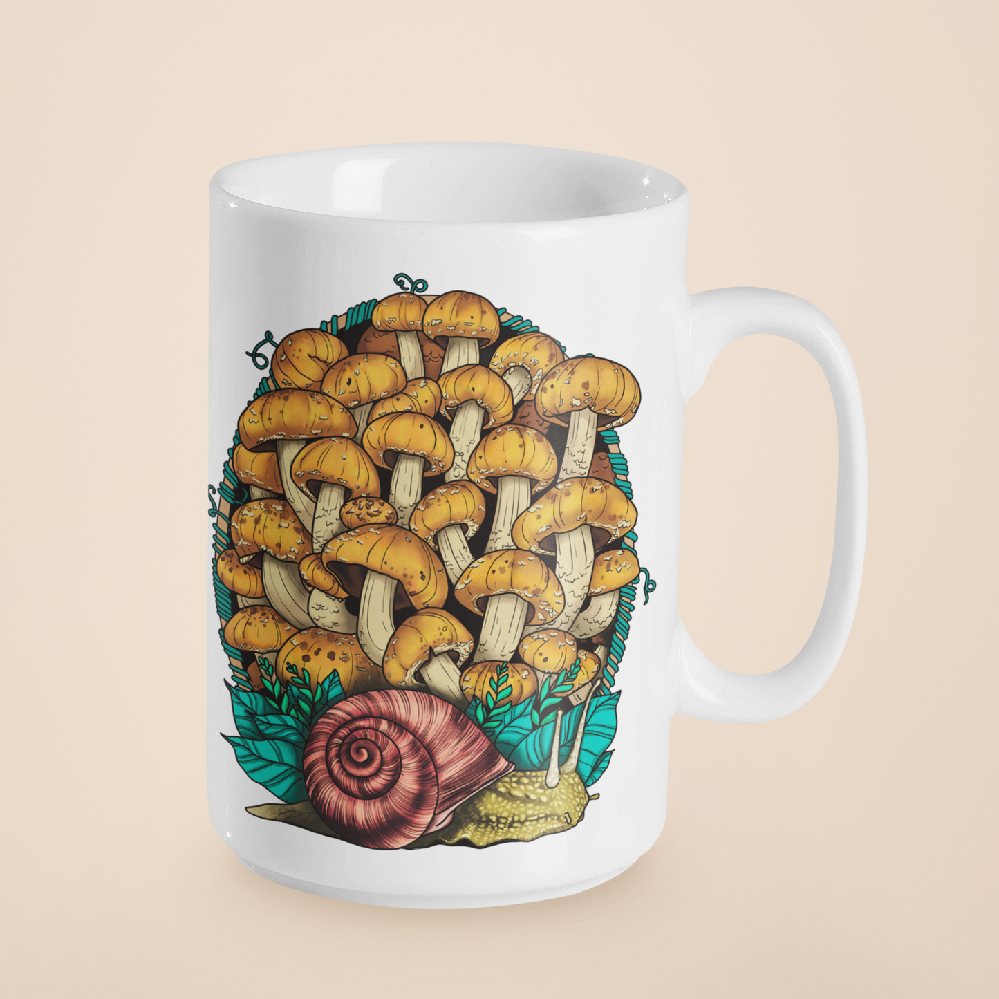 Land Snail and Chestnut Mushrooms Coffee Mug | Cottagecore Artwork on Ceramic Cup | 11oz/15oz Sizes