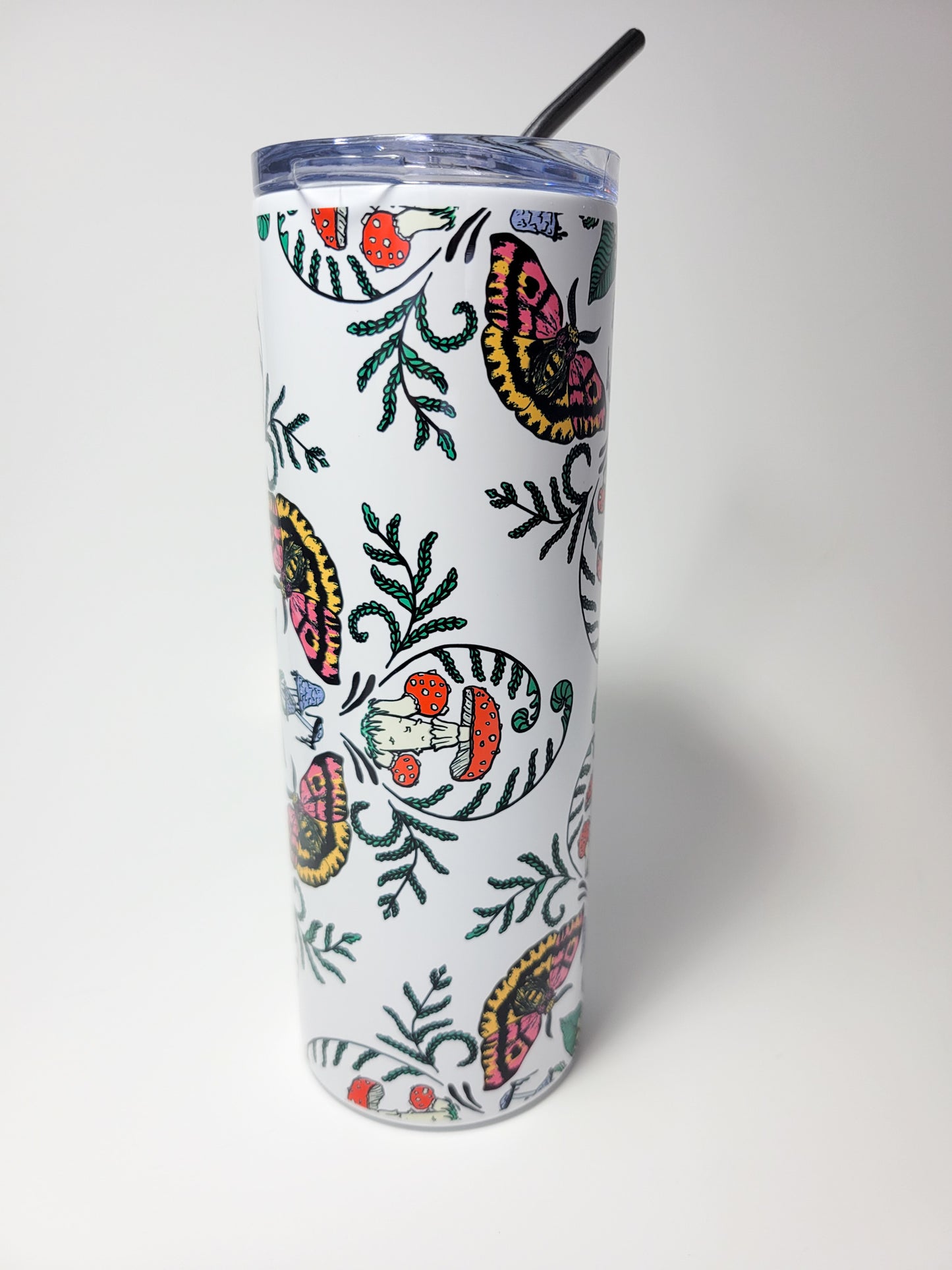 Mushrooms, Moths and Flowers Full Wrap | 20oz Stainless Steel Skinny Tumbler | Beautiful Mushroom Artwork