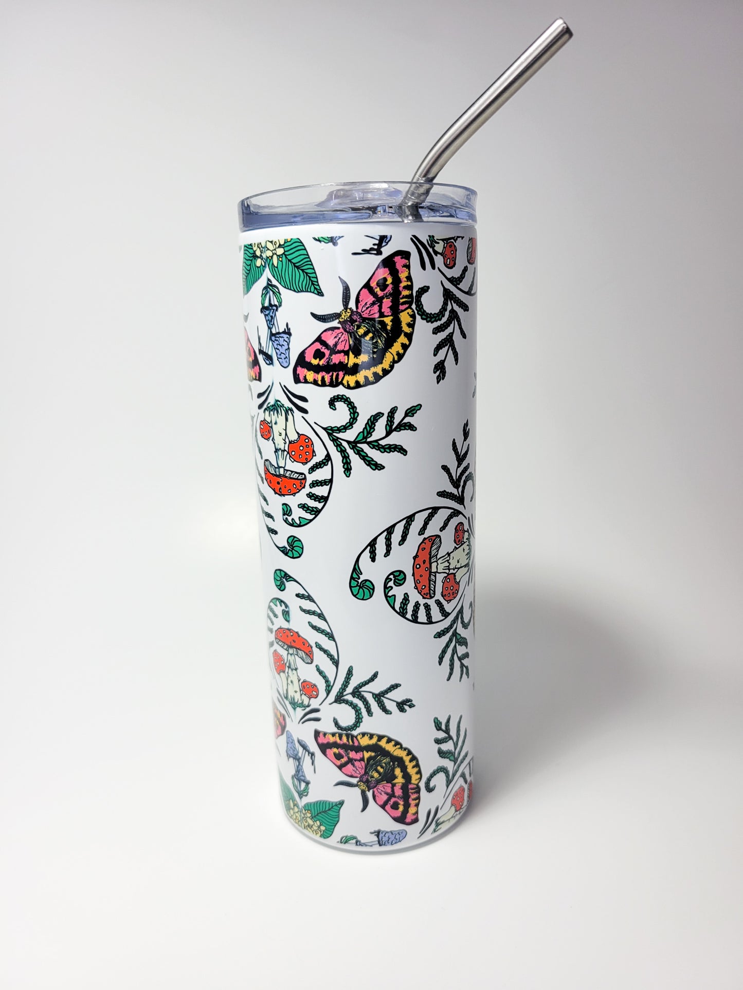 Mushrooms, Moths and Flowers Full Wrap | 20oz Stainless Steel Skinny Tumbler | Beautiful Mushroom Artwork