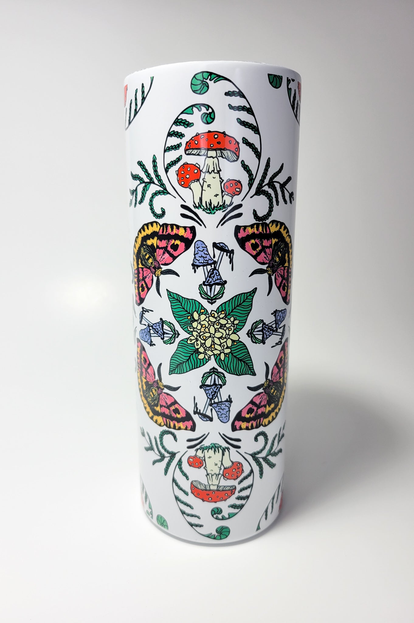 Mushrooms, Moths and Flowers Full Wrap | 20oz Stainless Steel Skinny Tumbler | Beautiful Mushroom Artwork