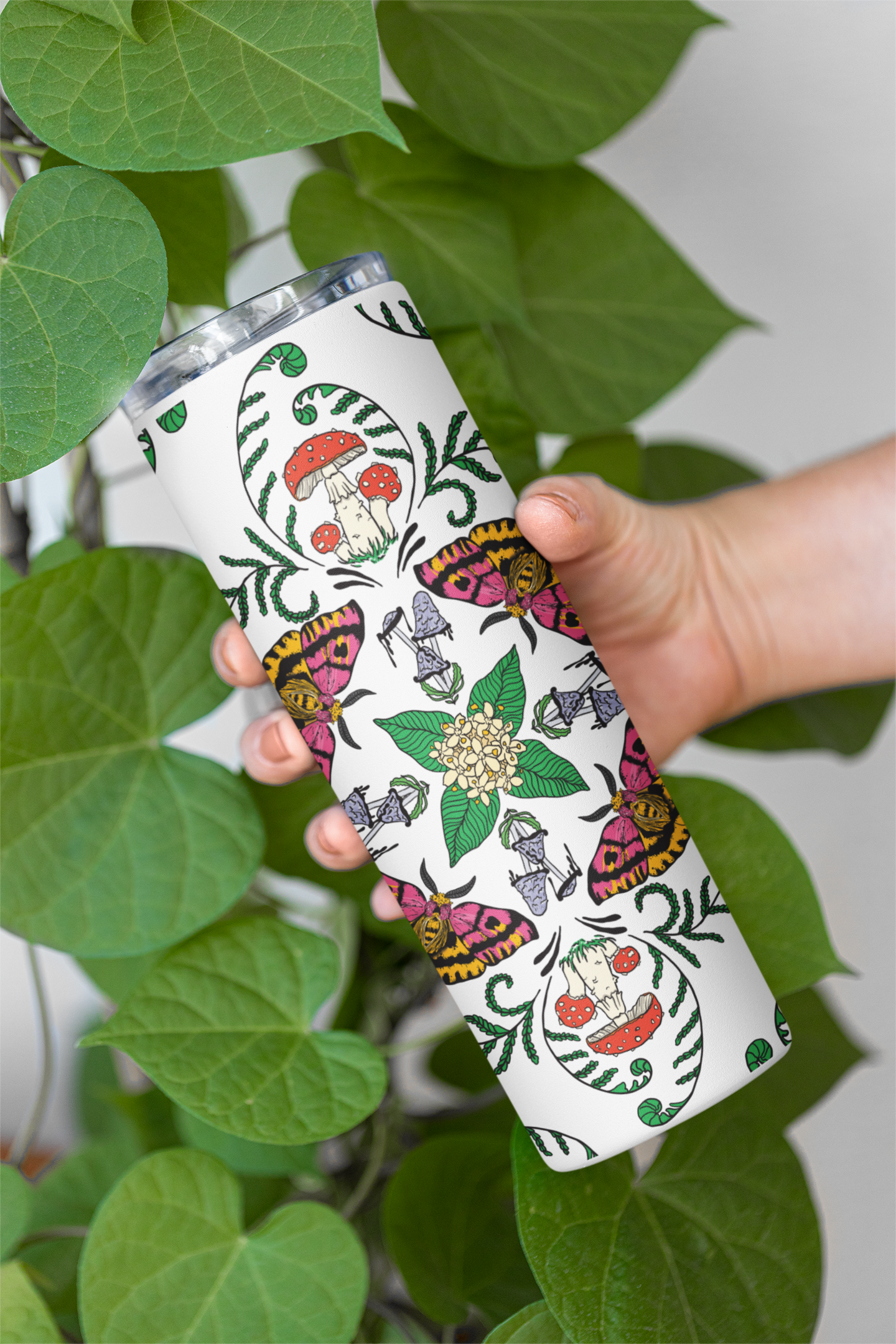 Mushrooms, Moths and Flowers Full Wrap | 20oz Stainless Steel Skinny Tumbler | Beautiful Mushroom Artwork