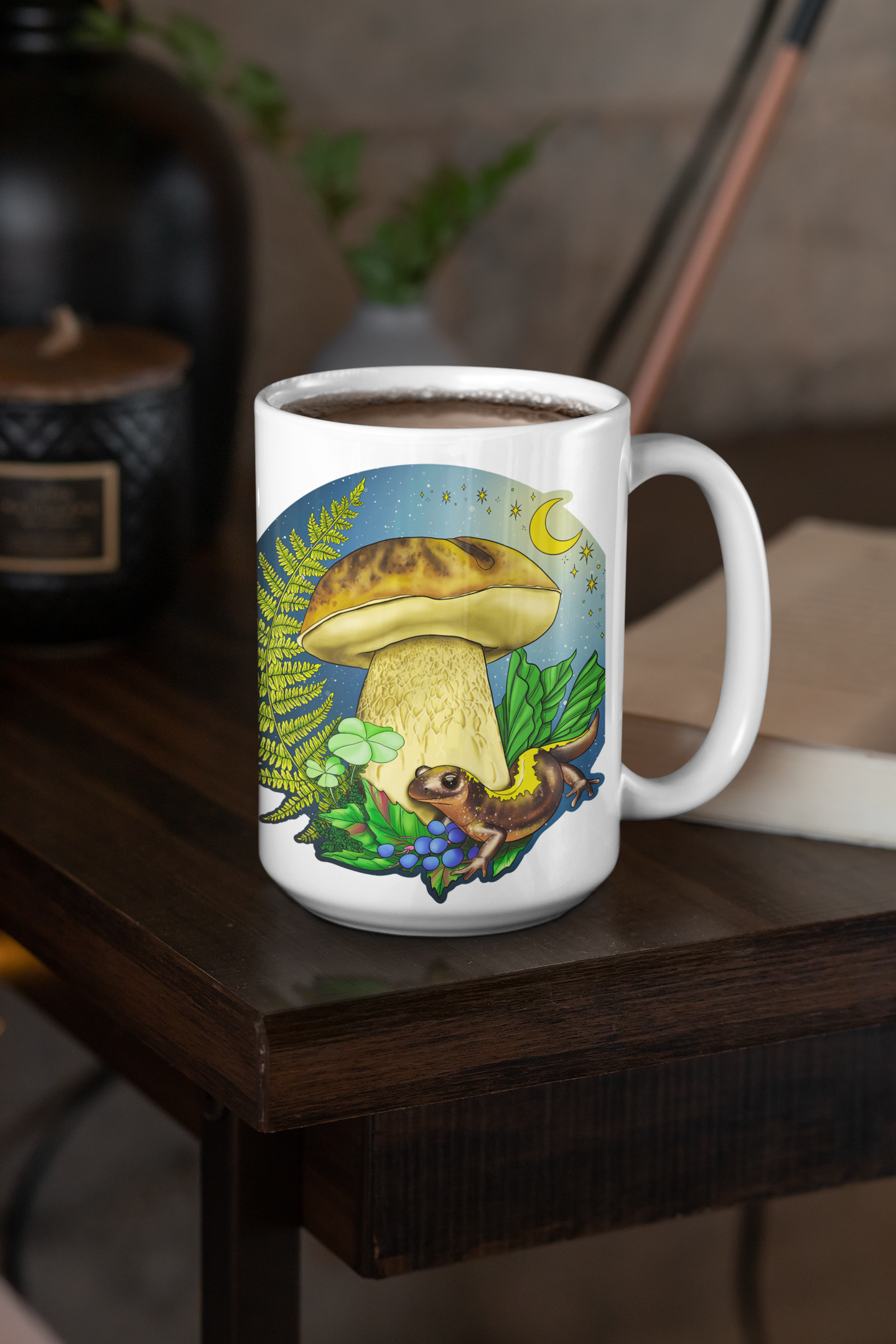 Porcini Mushroom and Salamander | Beautiful Mushroom Mug | Nature Artwork on Ceramic Cup | 11oz/15oz Sizes