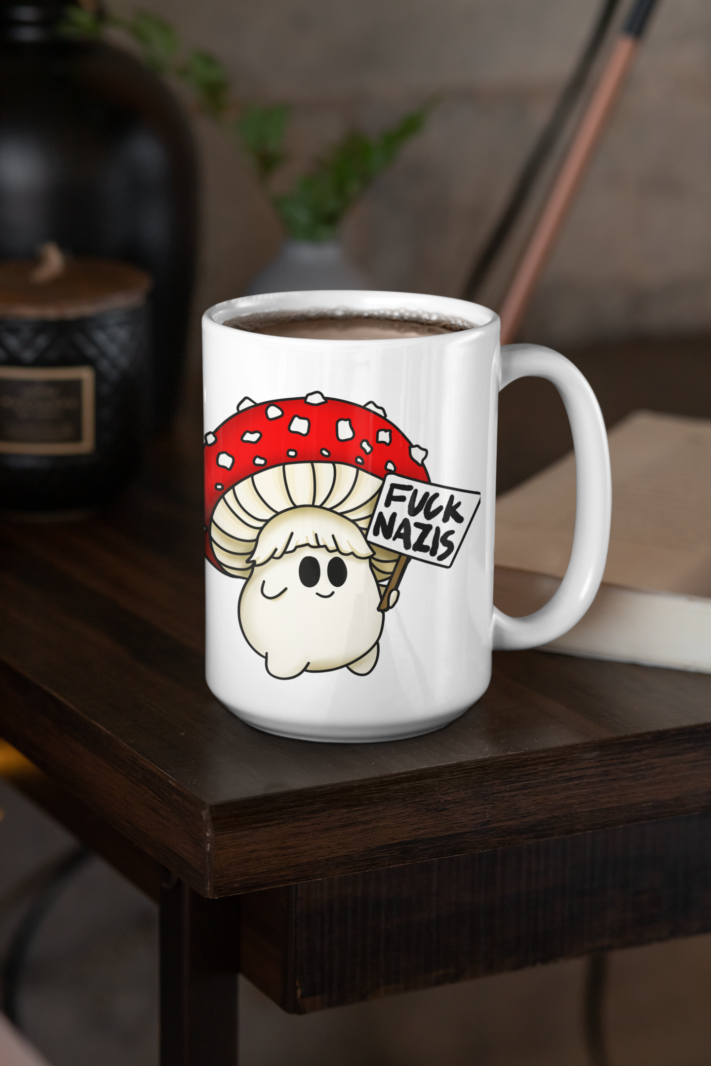 Fuck Nazis Amanita | Anti-Nazi Mushroom Mug | Mushroom Artwork on Ceramic Cup | 11oz/15oz Sizes