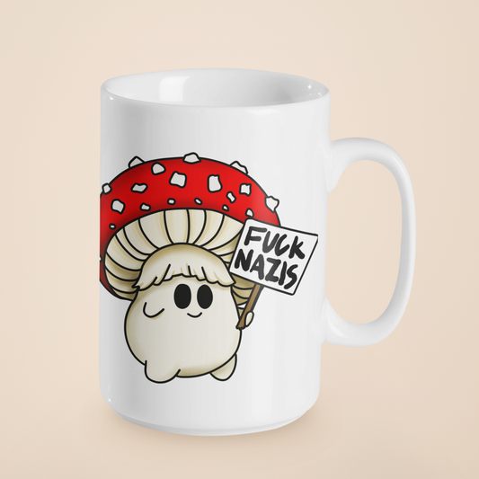 Fuck Nazis Amanita | Anti-Nazi Mushroom Mug | Mushroom Artwork on Ceramic Cup | 11oz/15oz Sizes