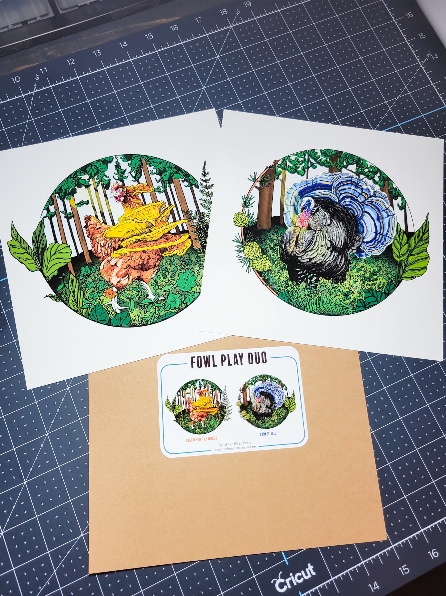 Fowl Play Duo | Set of Two 8"x8" Prints | Chicken of the Woods | Turkey Tail