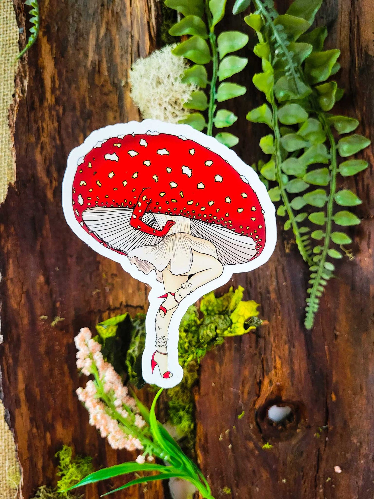 Set of 6 FunGal Pinup Girl Stickers | Amanita, Chanterelle, Indigo Milk Cap, Wrinkled Peach, Porcini and Morel Pinup Girls