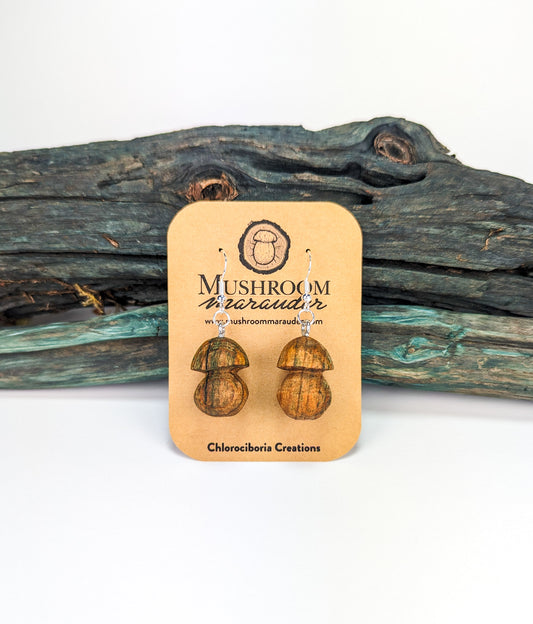 Porcini Mushroom Earrings #4 | Carved from Naturally Fungus-Stained Wood