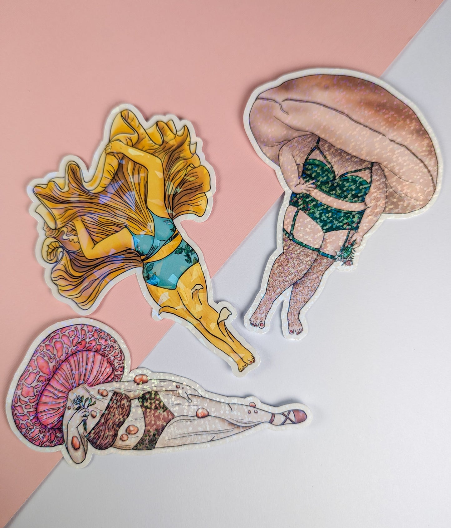 Curvy FunGal Sticker Trio | Chanterelle, Porcini and Wrinkled Peach Mushroom Pinup Girls