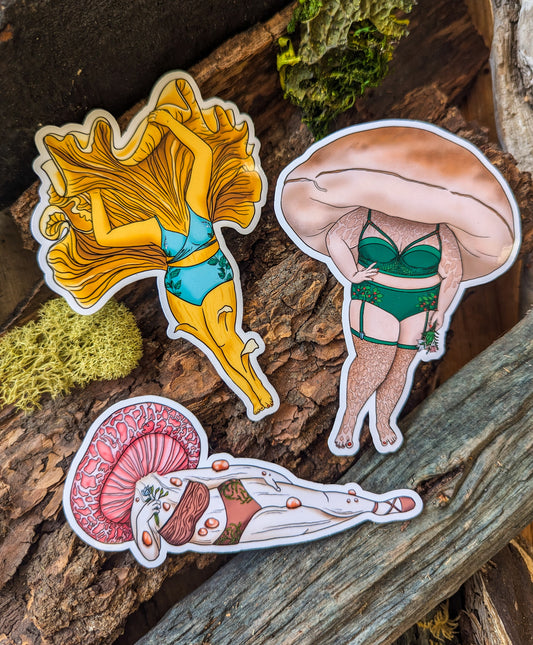 Curvy FunGal Sticker Trio | Chanterelle, Porcini and Wrinkled Peach Mushroom Pinup Girls