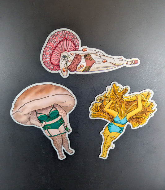 Curvy Mushroom Pinup Girl Trio Magnets | Chanterelle, Porcini and Wrinkled Peach Mushrooms