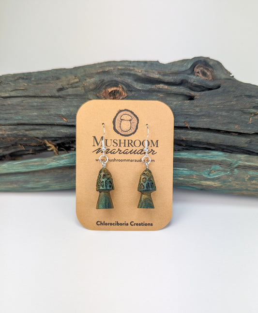 Morel Mushroom Earrings #3 | Carved From Naturally Green, Fungus-Stained Wood