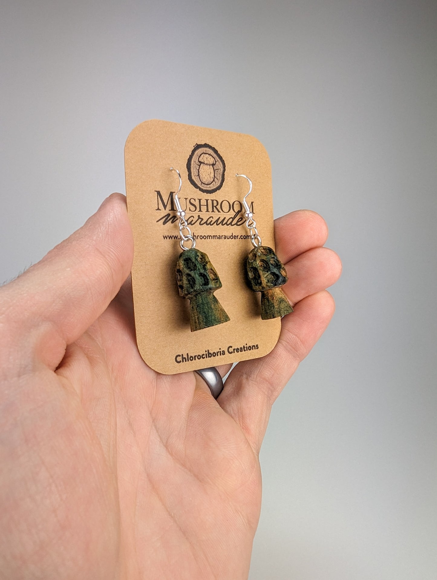 Morel Mushroom Earrings #08 | Carved From Naturally Green, Fungus-Stained Wood