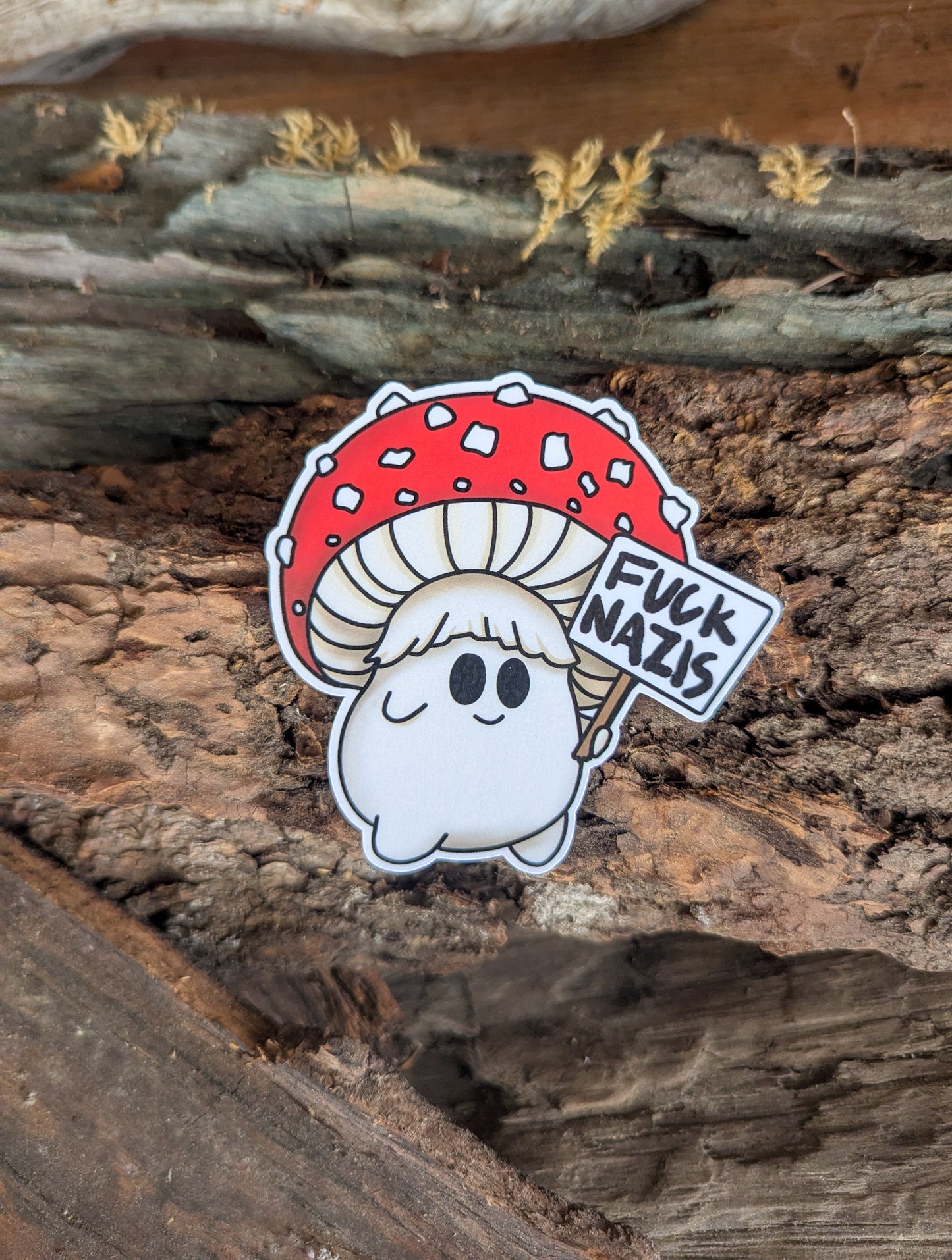 "Fuck Nazis" Mushroom Sticker Trio | Chanterelle, Amanita and Porcini Mushrooms Holding Picket Signs