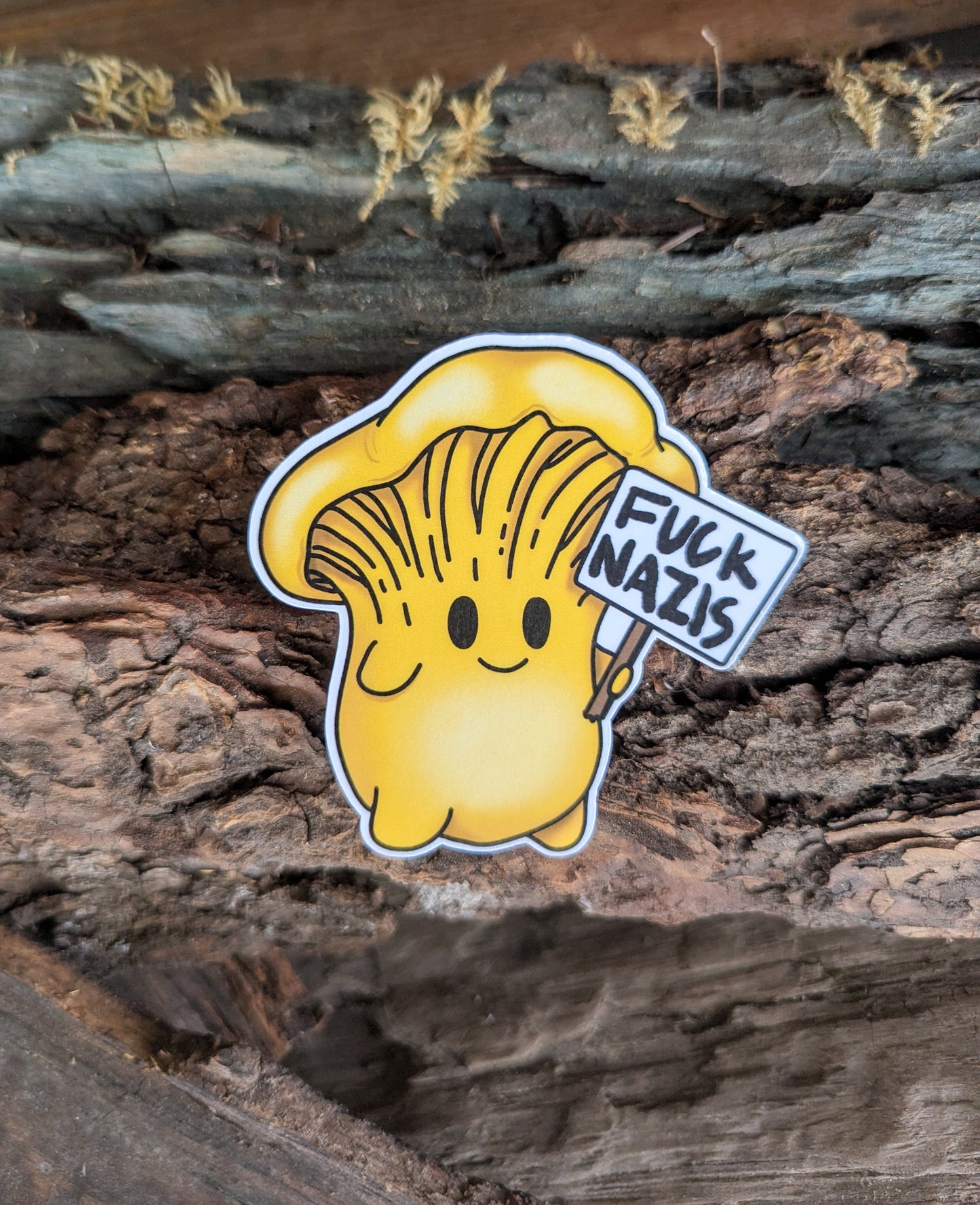 "Fuck Nazis" Mushroom Sticker Trio | Chanterelle, Amanita and Porcini Mushrooms Holding Picket Signs