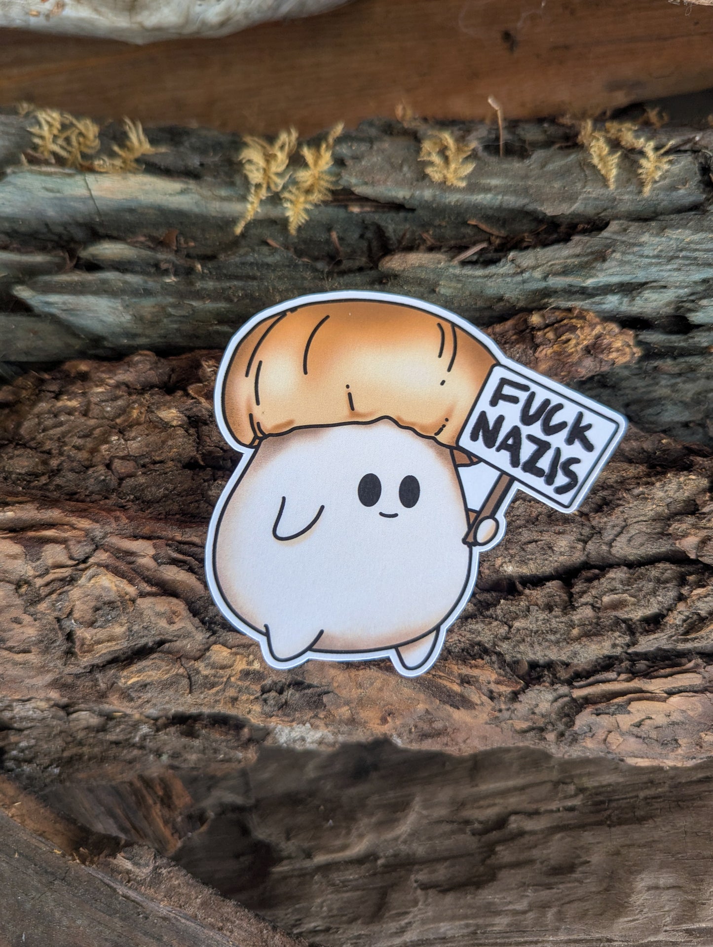 "Fuck Nazis" Mushroom Sticker Trio | Chanterelle, Amanita and Porcini Mushrooms Holding Picket Signs