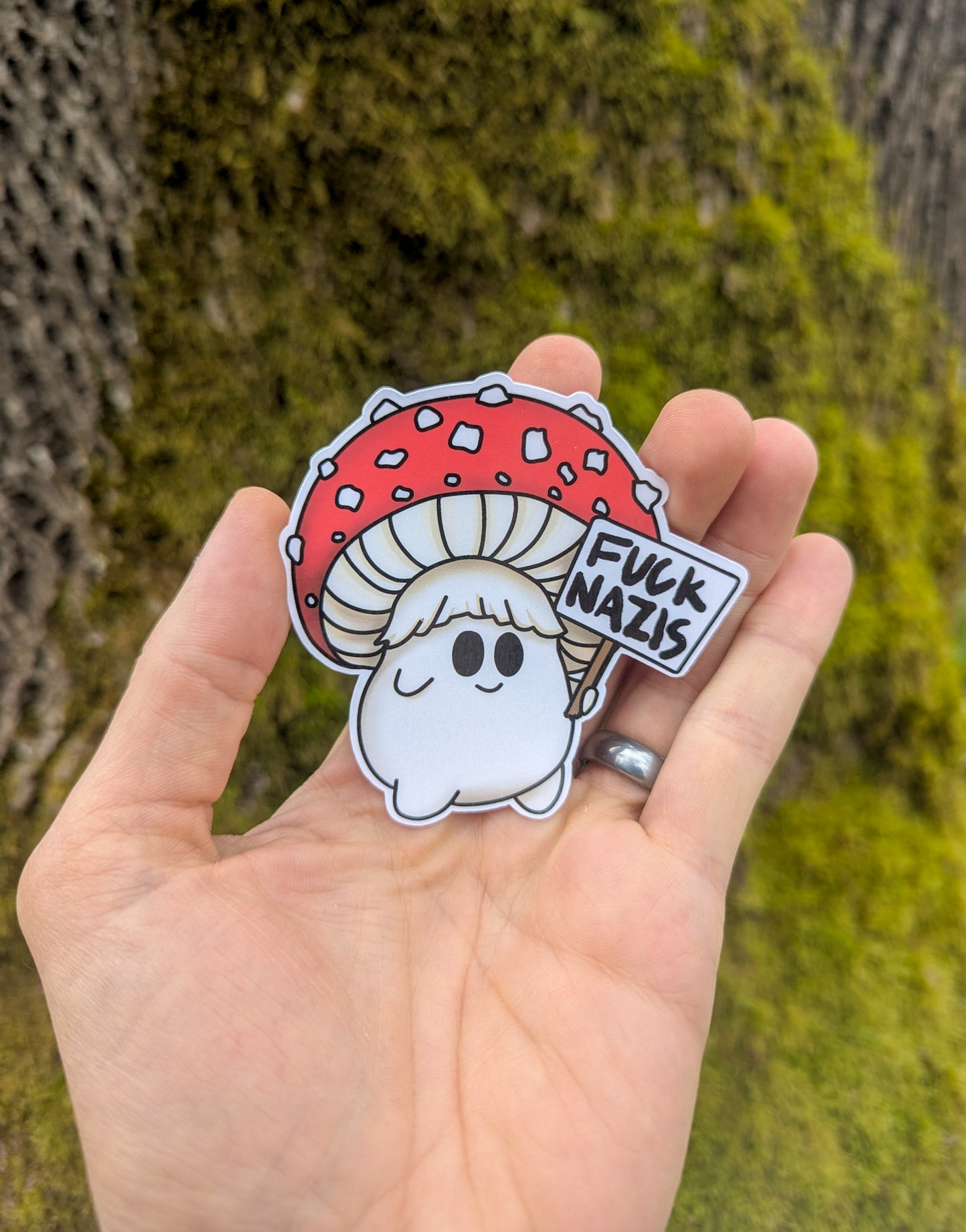 "Fuck Nazis" Mushroom Sticker Trio | Chanterelle, Amanita and Porcini Mushrooms Holding Picket Signs