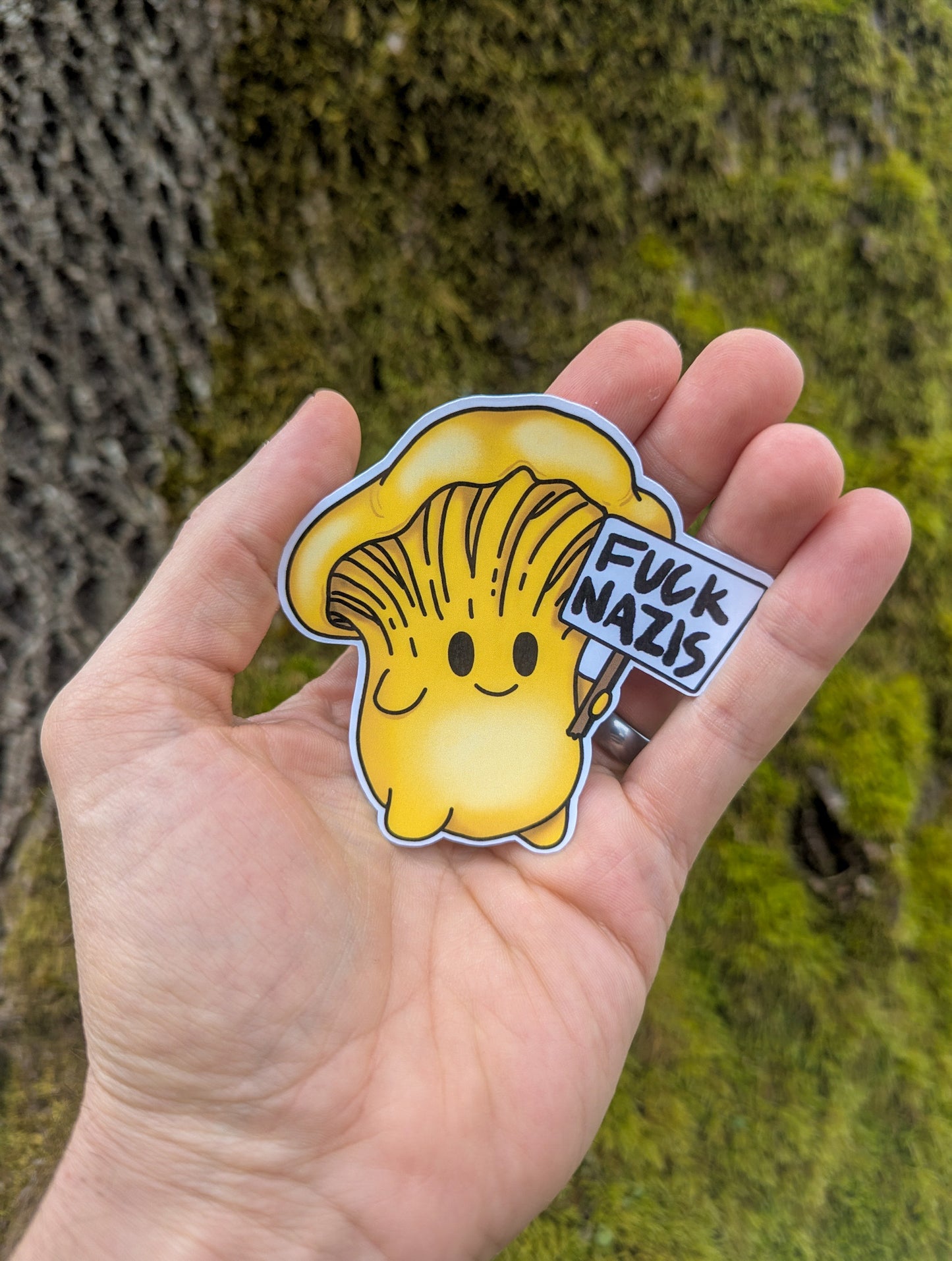 "Fuck Nazis" Mushroom Sticker Trio | Chanterelle, Amanita and Porcini Mushrooms Holding Picket Signs