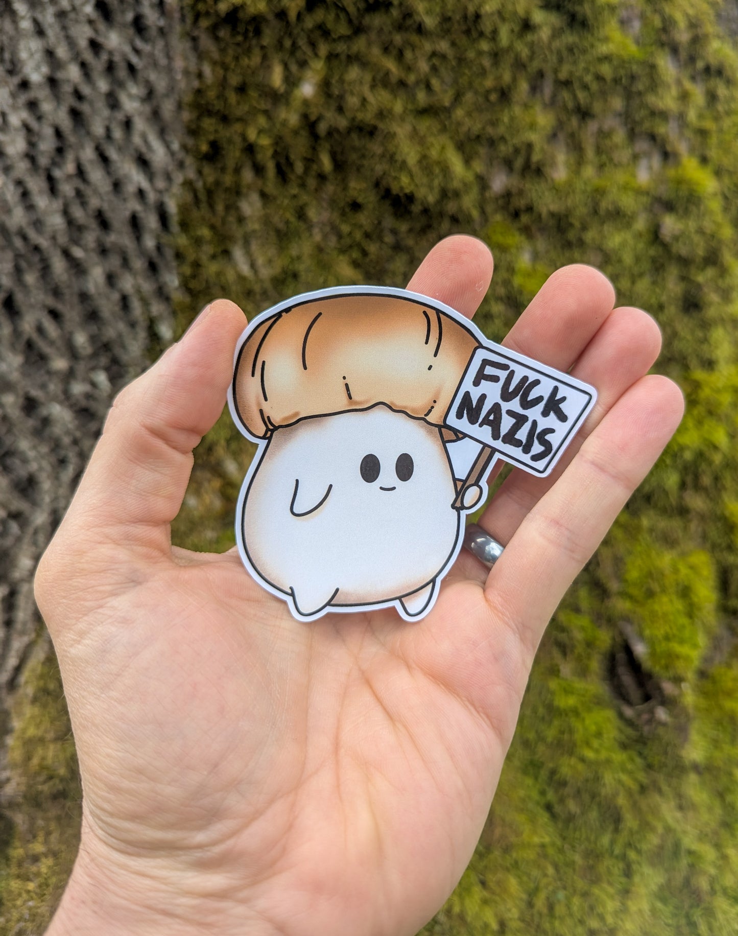 "Fuck Nazis" Mushroom Sticker Trio | Chanterelle, Amanita and Porcini Mushrooms Holding Picket Signs