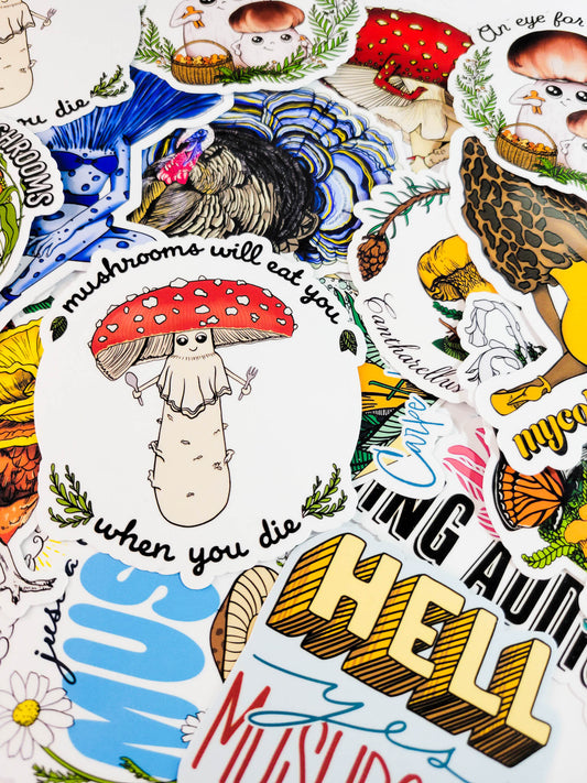 The Fullest Monty! 30 Mushroom Stickers +Kiss-Cut Sticker Sheet with 5 stickers.
