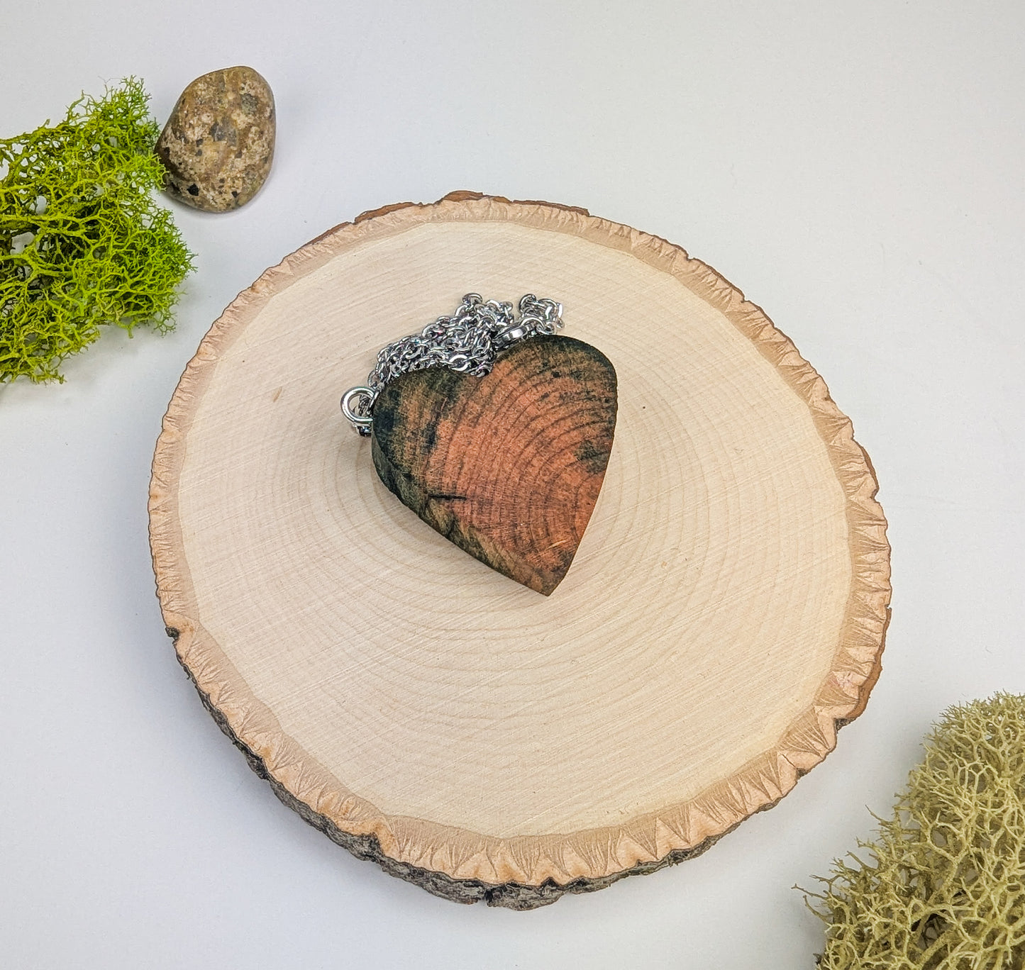 Elf-Wood Heart Pendant #13 | Naturally Fungus-Stained Wood