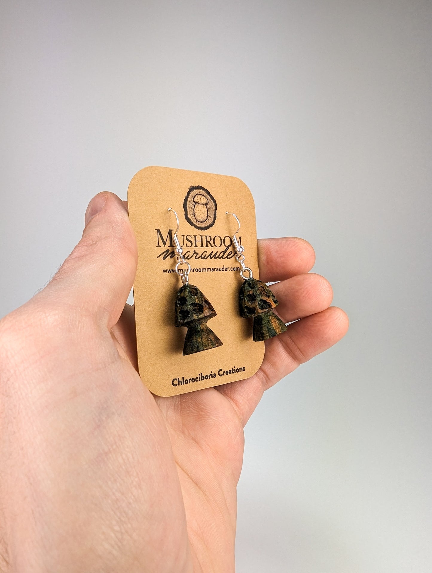 Morel Mushroom Earrings #09 | Carved From Naturally Green, Fungus-Stained Wood