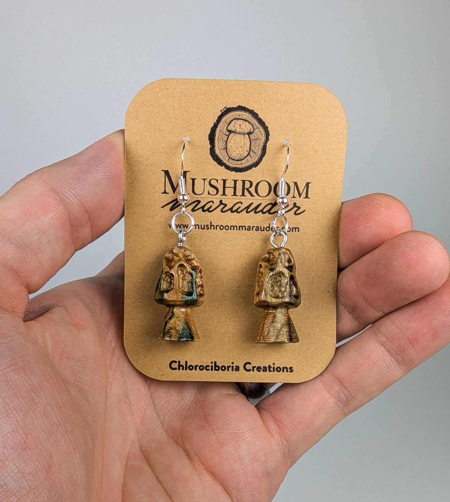 Morel Mushroom Earrings #14 | Carved From Naturally Green, Fungus-Stained Wood