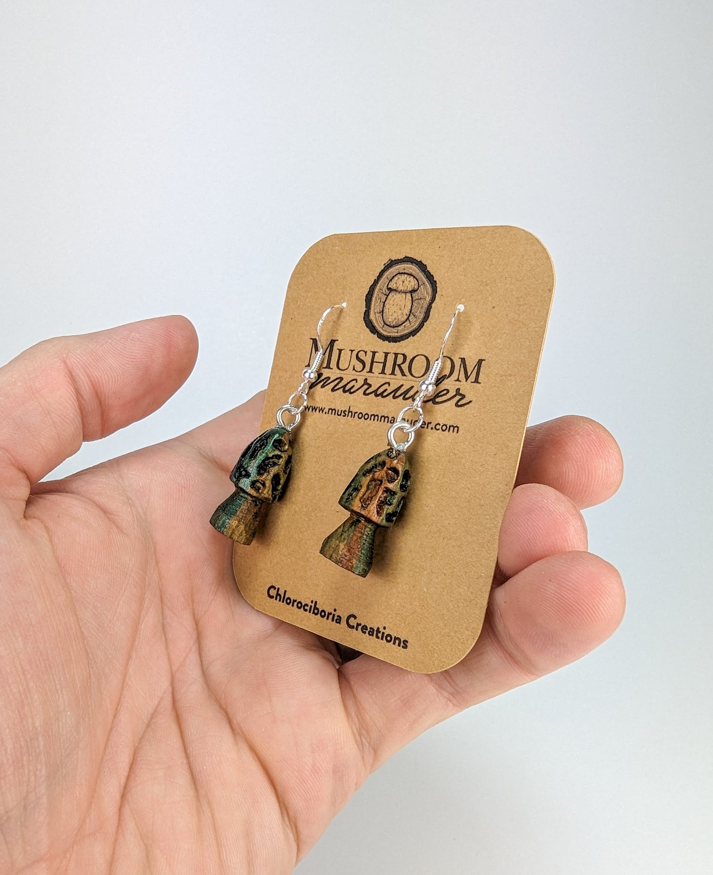 Morel Mushroom Earrings | Carved From Naturally Green, Fungus-Stained Wood