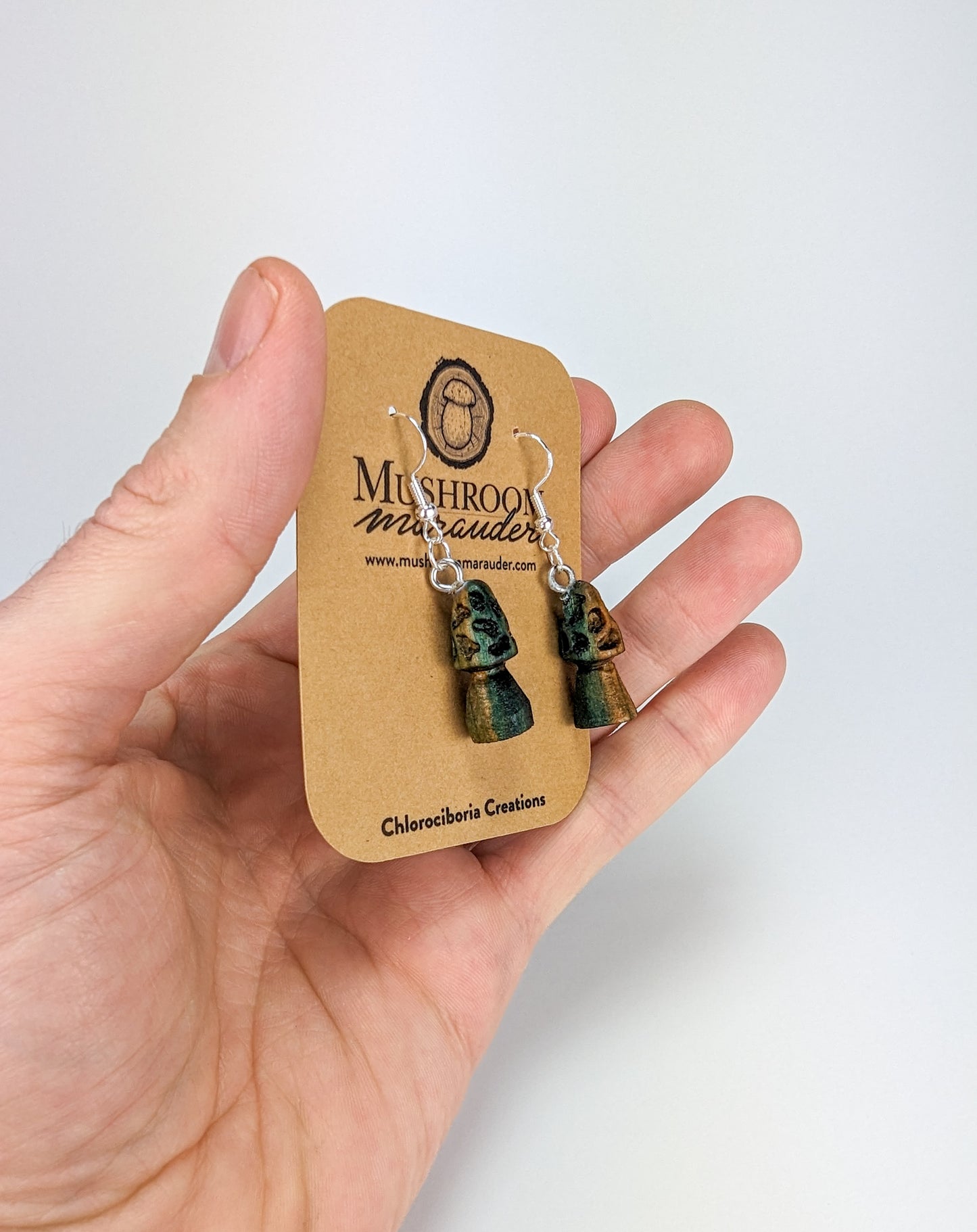 Morel Mushroom Earrings #2 | Carved From Naturally Green, Fungus-Stained Wood