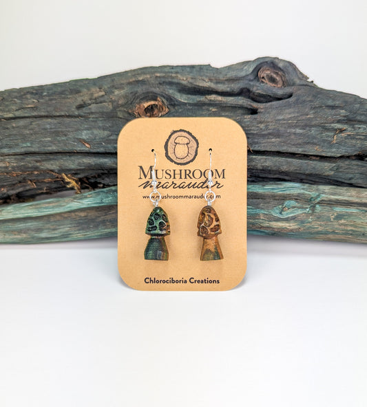 Morel Mushroom Earrings #2 | Carved From Naturally Green, Fungus-Stained Wood
