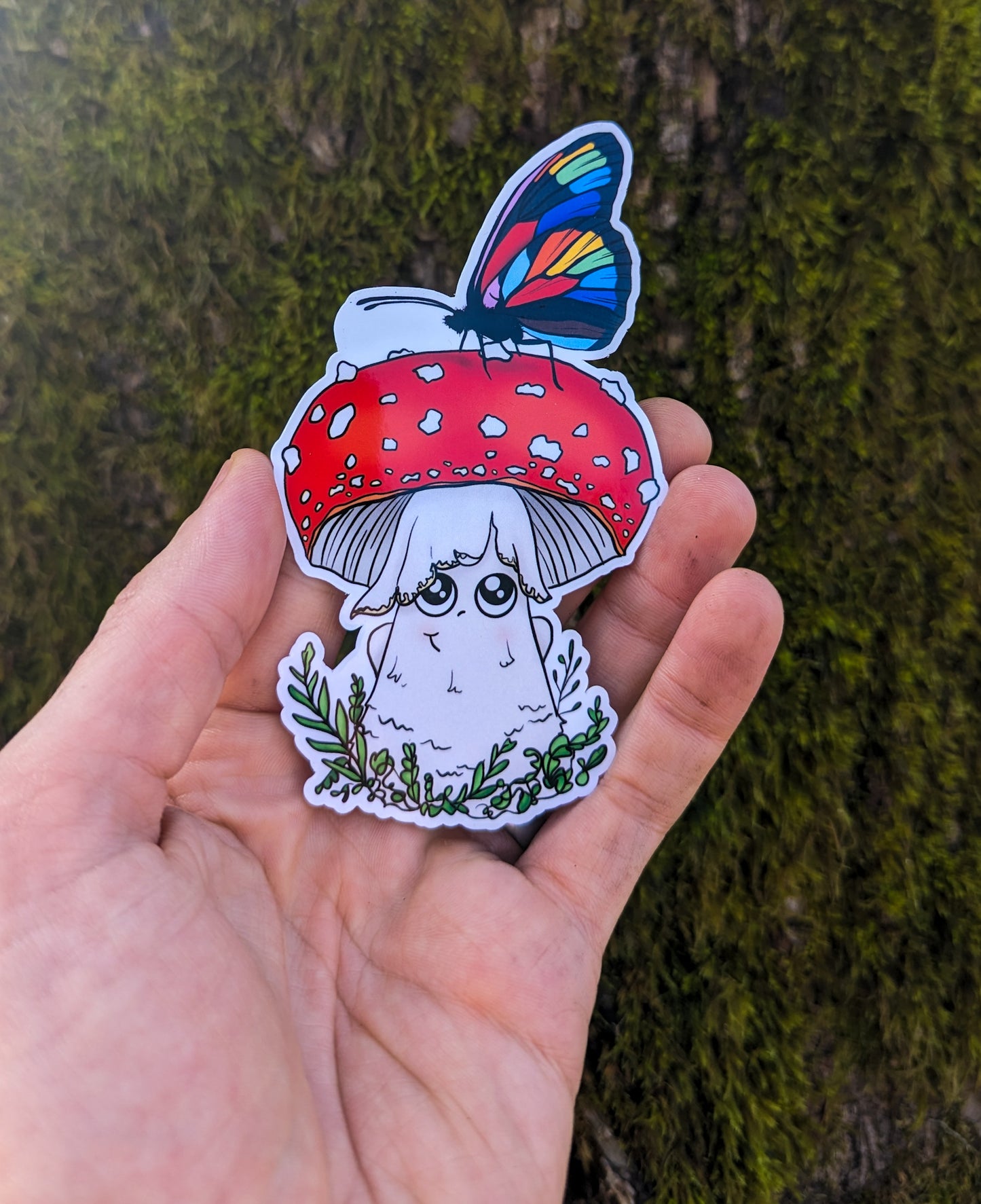 Amanita Mushroom Sticker w/ Pride Rainbow Butterfly