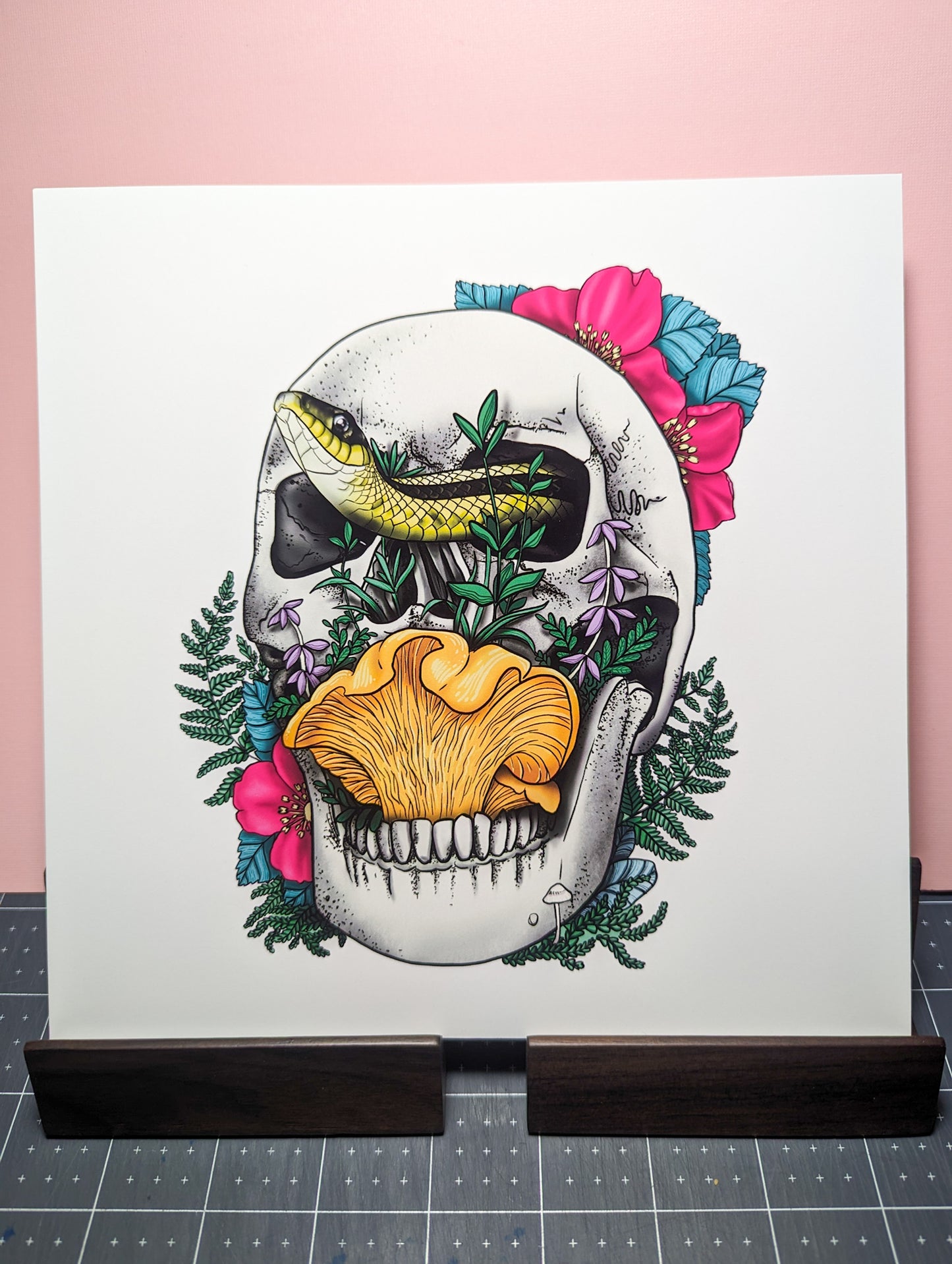 Skull, Snake and Chanterelle Mushroom | 8"x8" Print | Morbid and Beautiful Nature Wall Hanging
