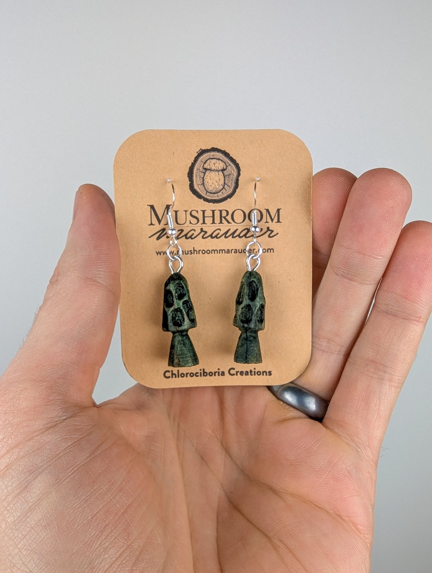 Morel Mushroom Earrings #14 | Carved From Naturally Green, Fungus-Stained Wood