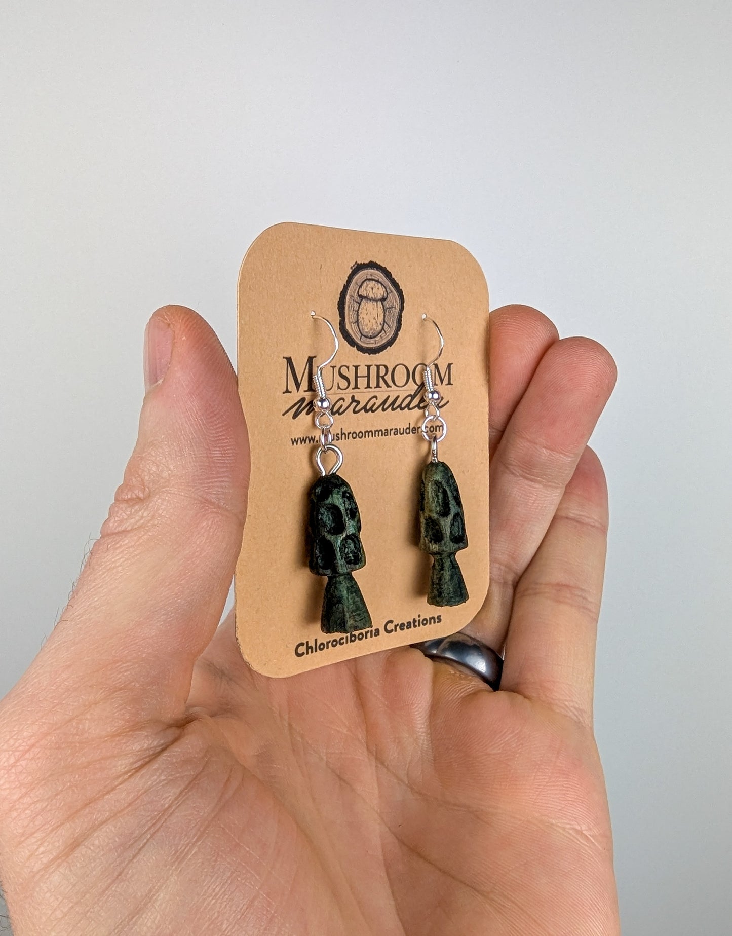 Morel Mushroom Earrings #14 | Carved From Naturally Green, Fungus-Stained Wood