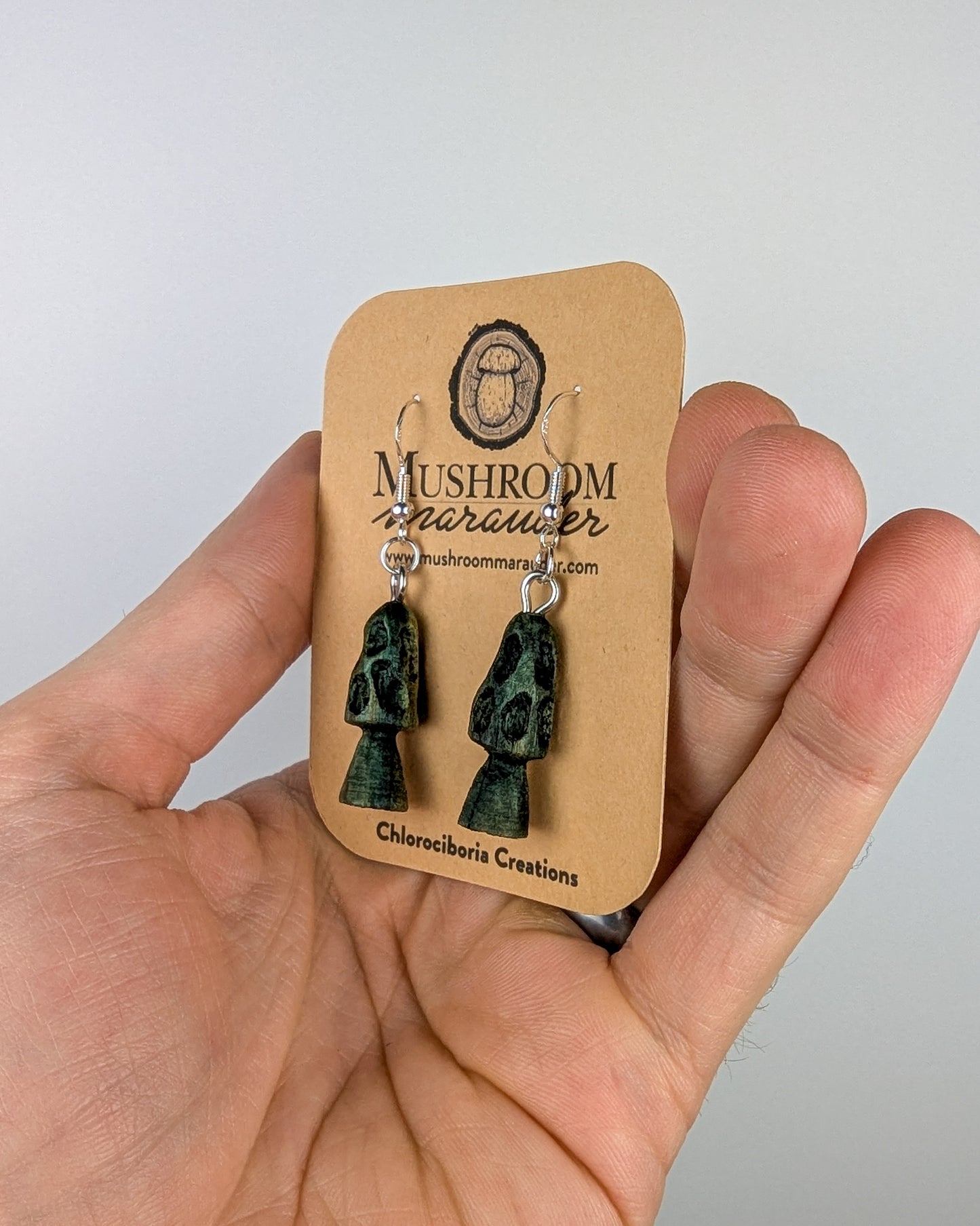 Morel Mushroom Earrings #14 | Carved From Naturally Green, Fungus-Stained Wood