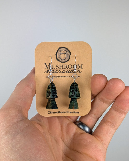 Morel Mushroom Earrings #09 | Carved From Naturally Green, Fungus-Stained Wood