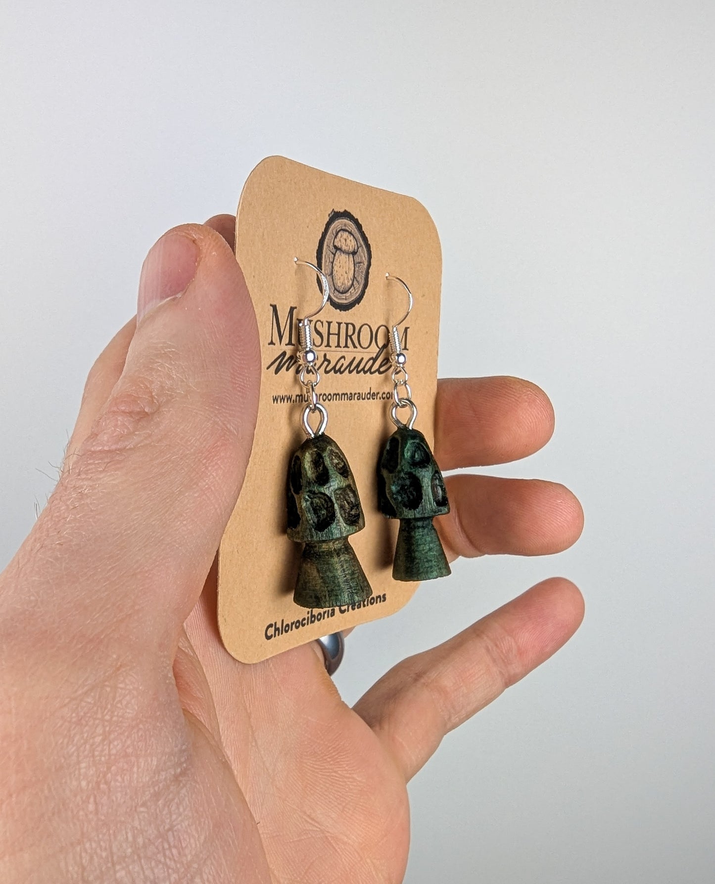 Morel Mushroom Earrings #09 | Carved From Naturally Green, Fungus-Stained Wood