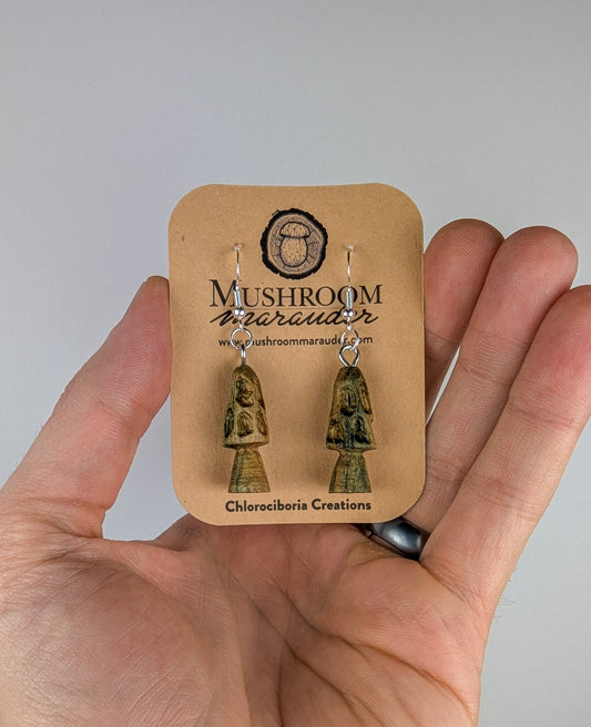 Morel Mushroom Earrings #10 | Carved From Naturally Green, Fungus-Stained Wood