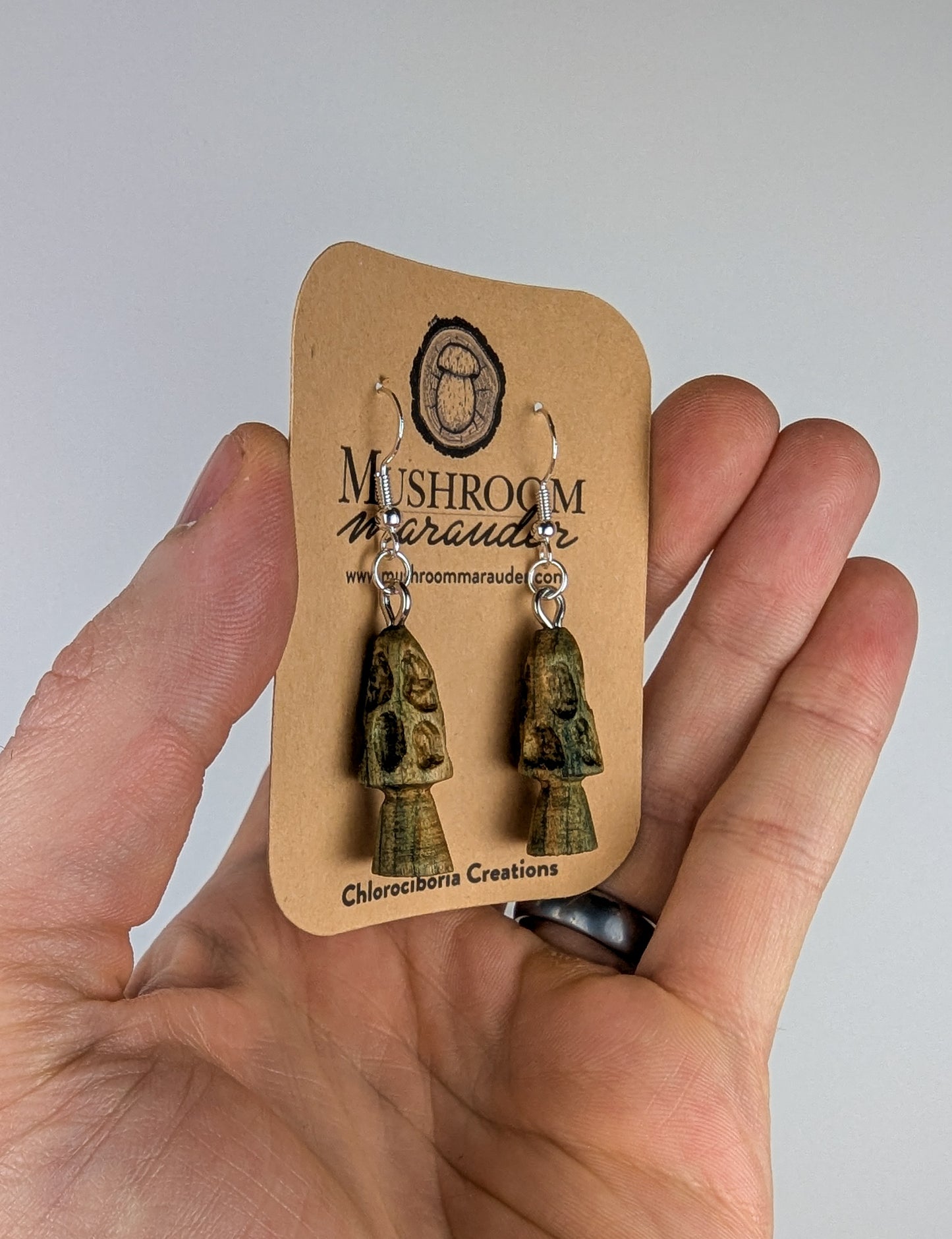 Morel Mushroom Earrings #10 | Carved From Naturally Green, Fungus-Stained Wood