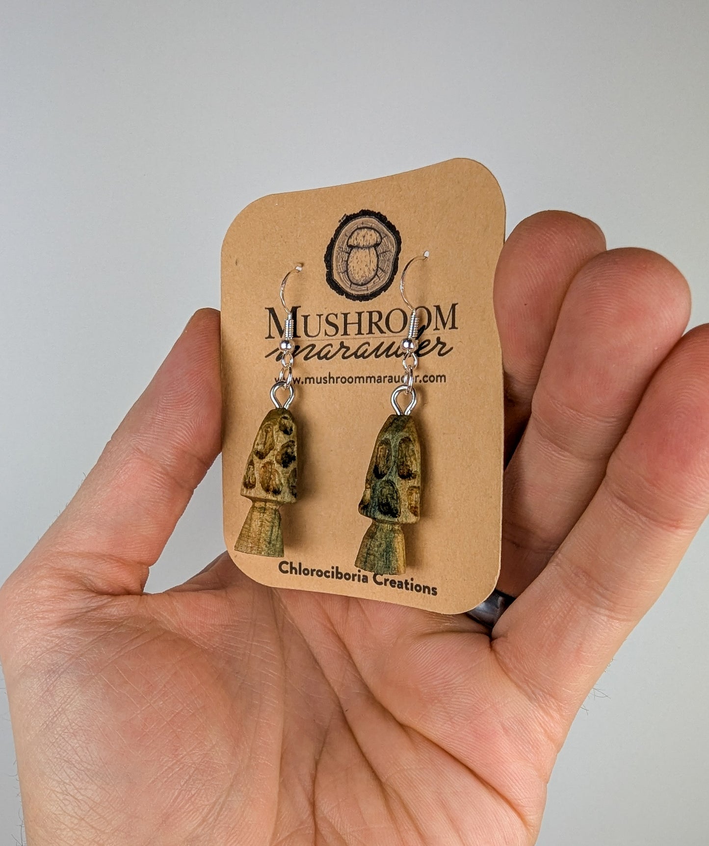 Morel Mushroom Earrings #10 | Carved From Naturally Green, Fungus-Stained Wood