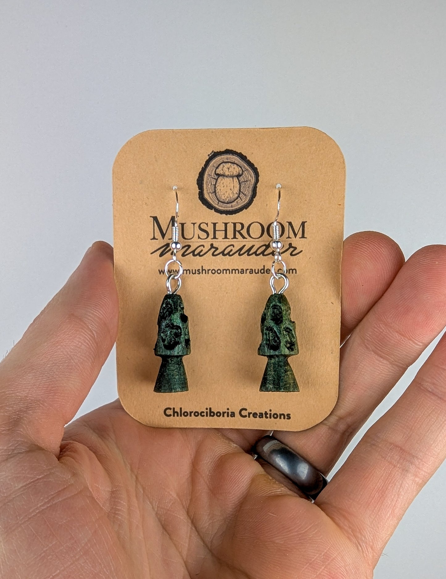 Morel Mushroom Earrings #11 | Carved From Naturally Green, Fungus-Stained Wood