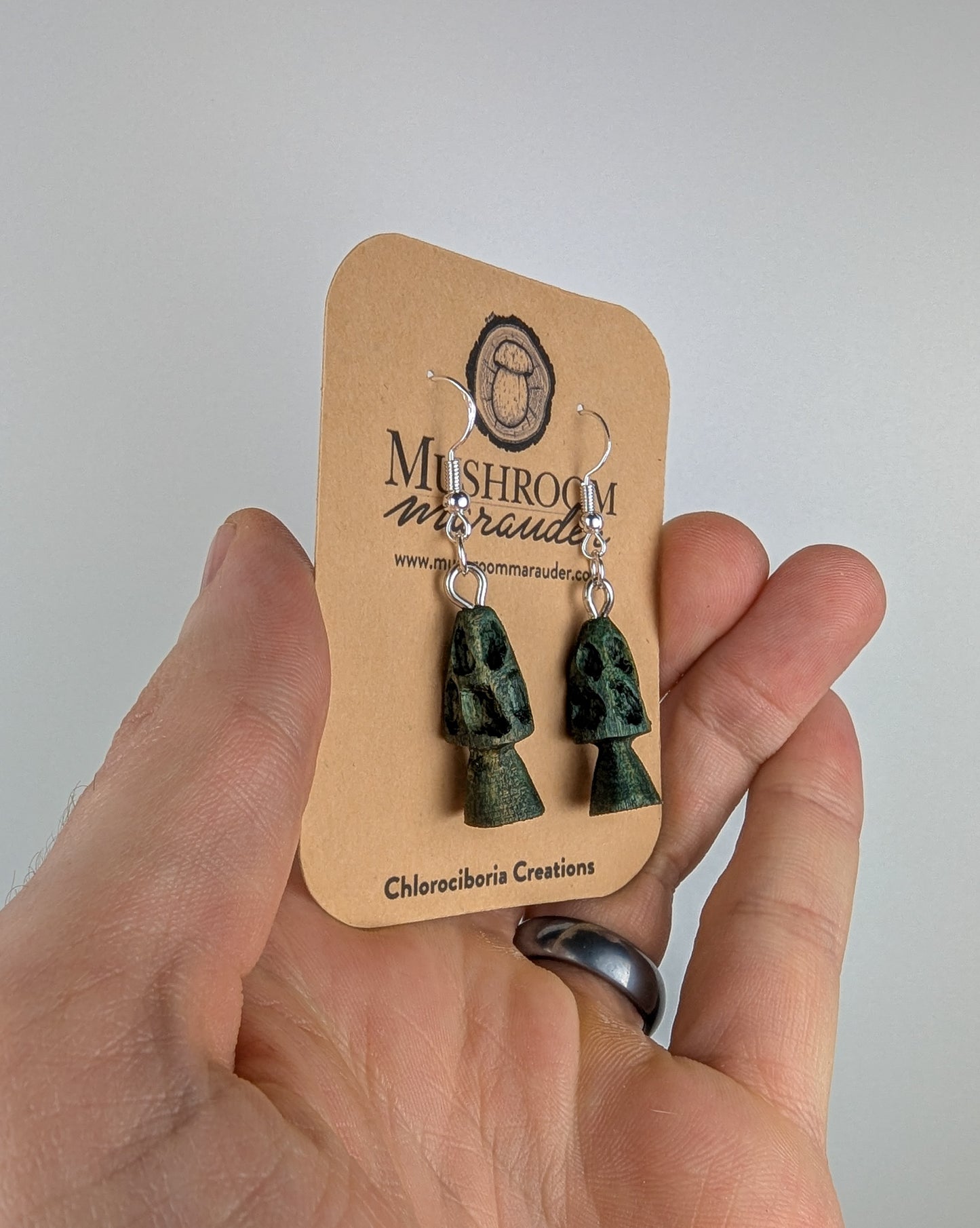 Morel Mushroom Earrings #11 | Carved From Naturally Green, Fungus-Stained Wood