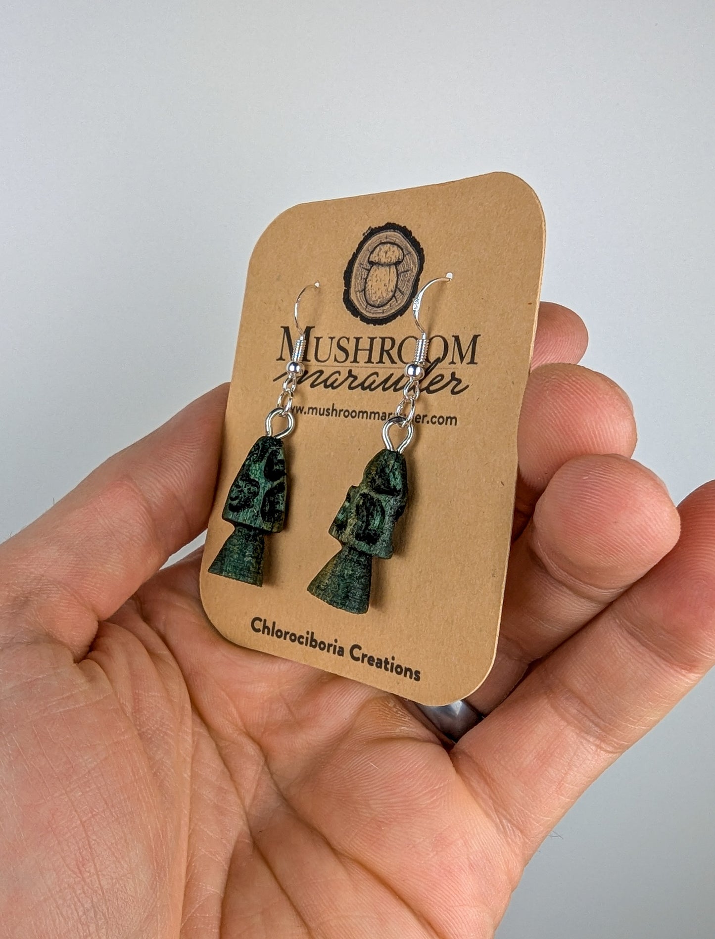 Morel Mushroom Earrings #11 | Carved From Naturally Green, Fungus-Stained Wood